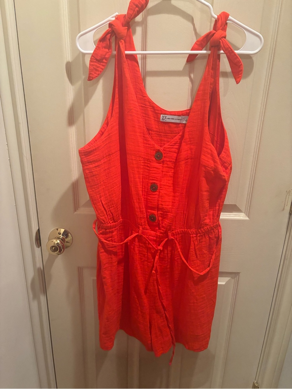 Bright Red Tie-Shoulder Button Romper. Large, ny&c brand cotton